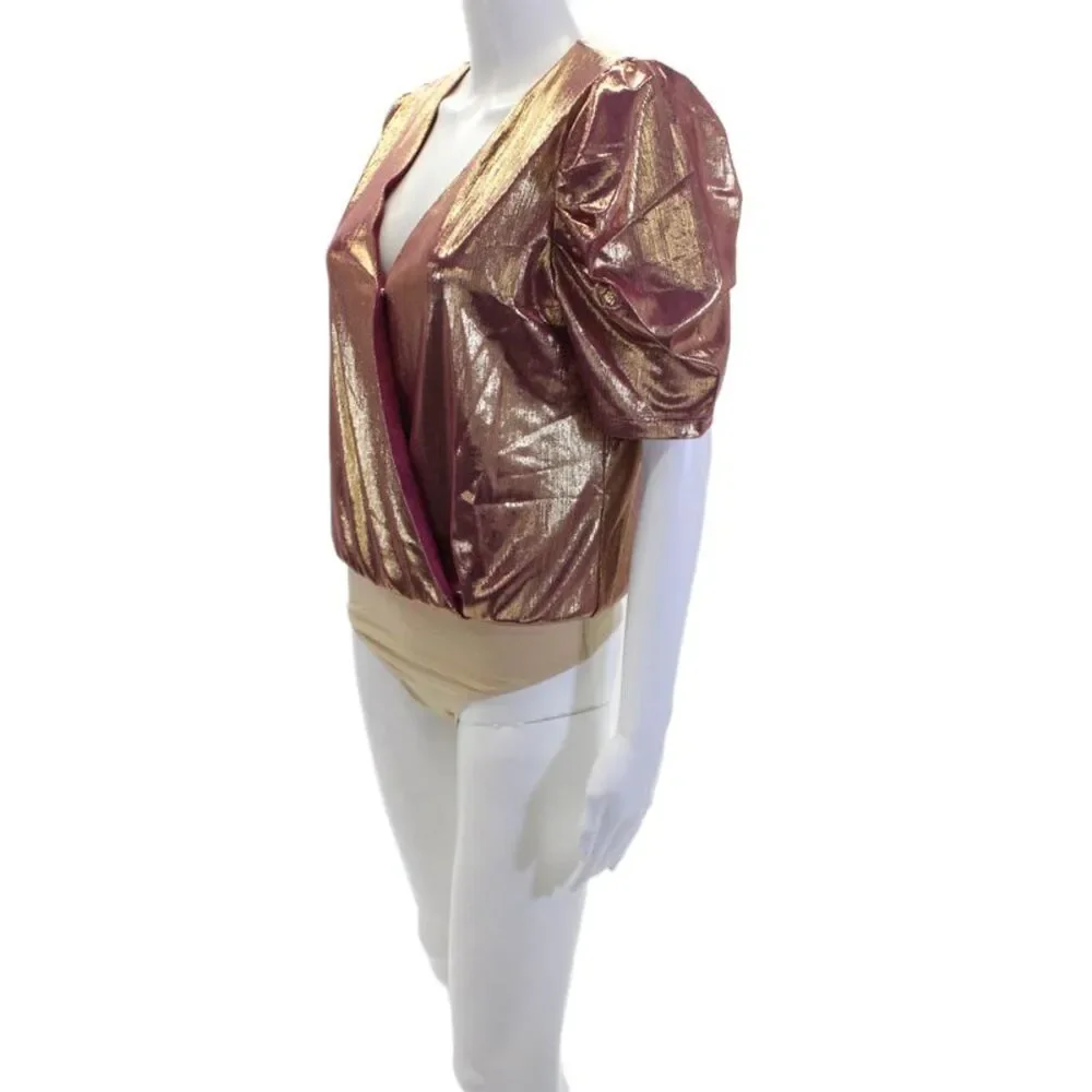 Wayf Womens Metallic V-Neck Snap Closure Short Sleeve Bodysuit Pink Size S